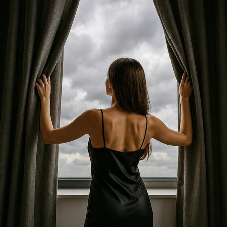 Back view of young woman in black evening dress opening curtains and looking out the window