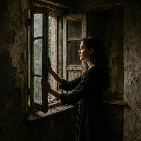 Young woman in a dark dress standing by the window in an abandoned building