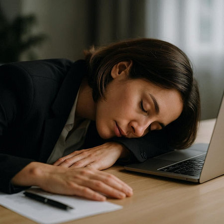 tired businesswoman sleeping on table with notebook and pen in office