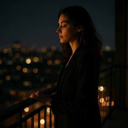 Portrait of a beautiful brunette woman on the balcony at night.