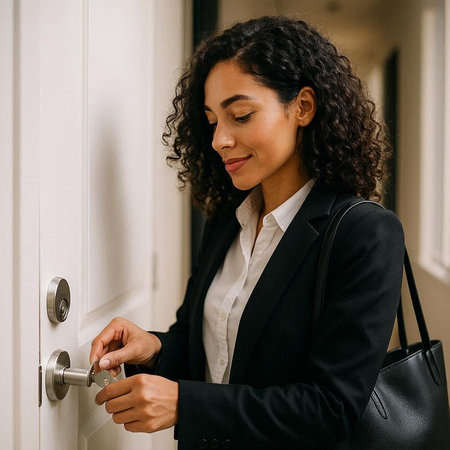 Young businesswoman opening the door of her office. Businesswoman opening the door.