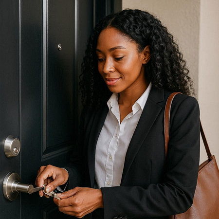 Portrait of a smiling african american businesswoman opening the door.