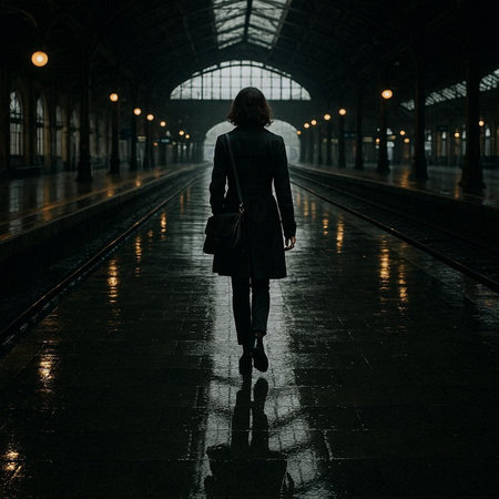 Silhouette of a young woman walking in a train station.