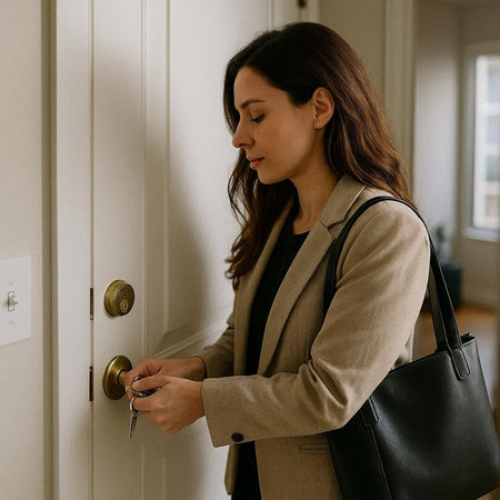 Young businesswoman with a briefcase in her hand opens the door.