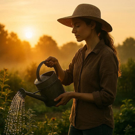 Farmer woman watering plants in the garden at sunset. Rural scene.