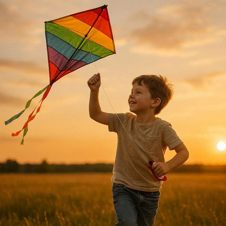 Little boy with kite in the field at sunset. Happy childhood.
