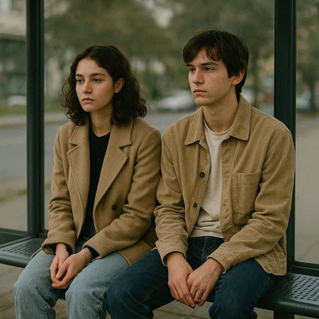 Young couple sitting on a bus stop and looking at the camera.