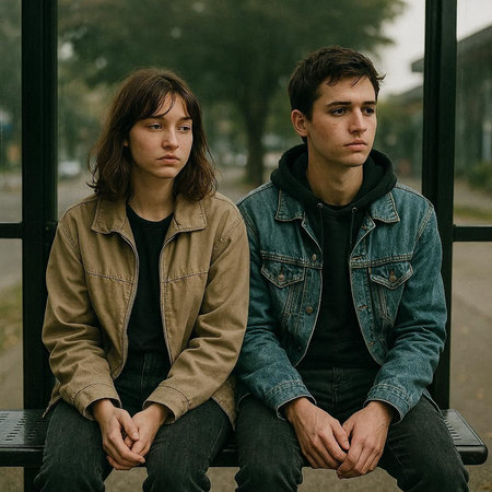 Portrait of a young couple sitting in a bus stop and looking at the camera