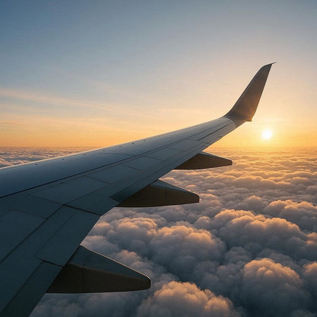 Wing of an airplane flying above clouds at sunset. 3d rendering