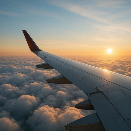 Wing of an airplane flying above the clouds at sunset. View from the window