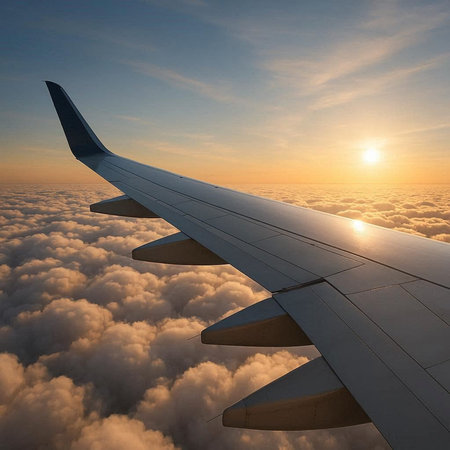 Wing of an airplane flying above the clouds at sunset. 3d render