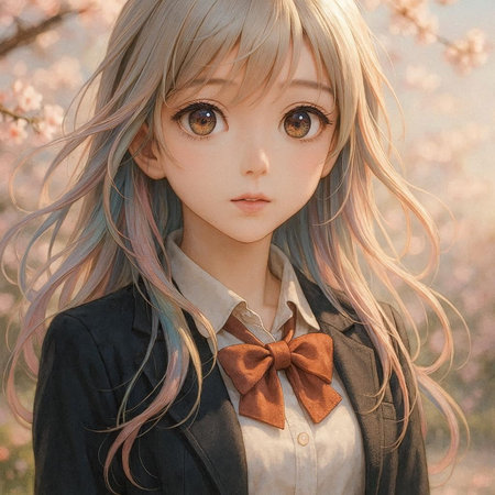 Portrait of a cute little girl in a blossom garden.