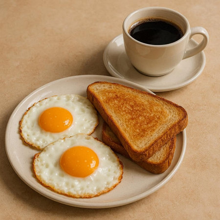 Breakfast with fried eggs and coffee on a brown background, top view