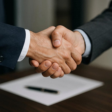 Close-up of two businessmen shaking hands. Handshake concept.