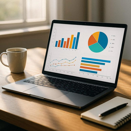 Laptop screen showing business data on a desk with a cup of coffee