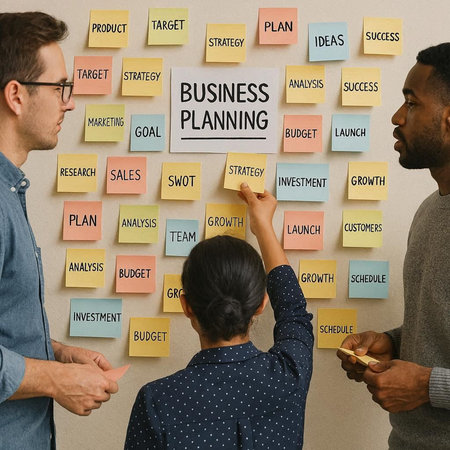 Business planning concept on sticky notes with business people working on a wall