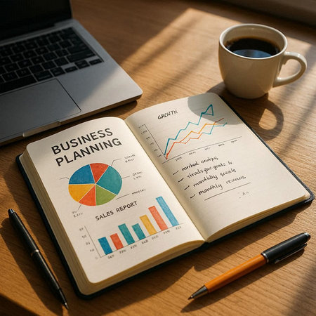 Business Plan Strategy Diagrams Growth Statistics Information Concept. Laptop