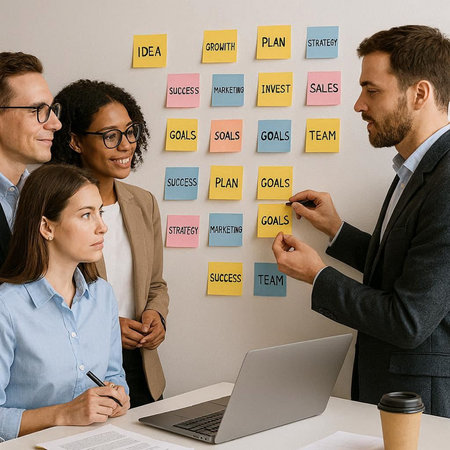 Multiethnic group of businesspeople looking at sticky notes in office