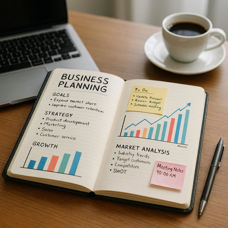 Business Plan Strategy Diagrams and Icons on a Notebook