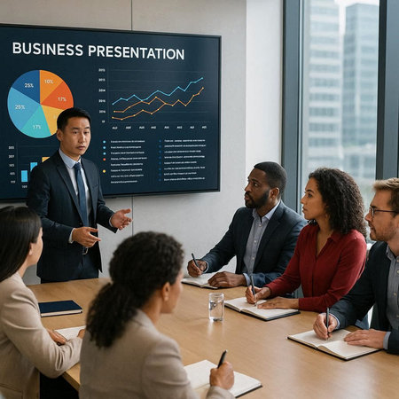 Business Analysis Pie Chart Diagram Word Graphic Concept. Businessman Presenting Financial Graph.