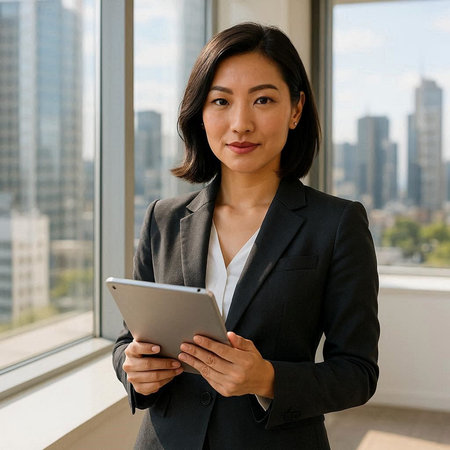 Portrait of young businesswoman using digital tablet while standing in office