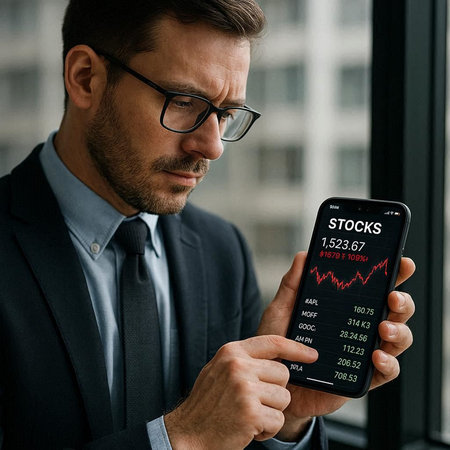 businessman in eyeglasses and formal wear holding smartphone with stock market chart on screen