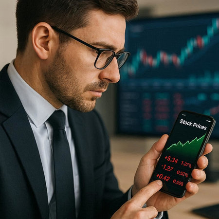 selective focus of trader in eyeglasses using smartphone with stock market chart on screen