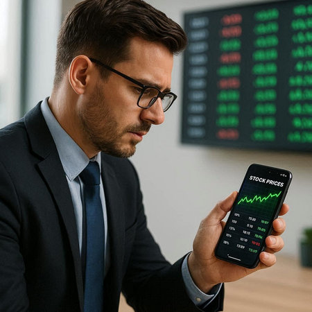 selective focus of businessman in eyeglasses using smartphone with stock market chart on screen