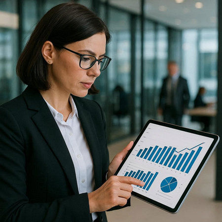 Image of businesswoman in eyeglasses using digital tablet while standing in office