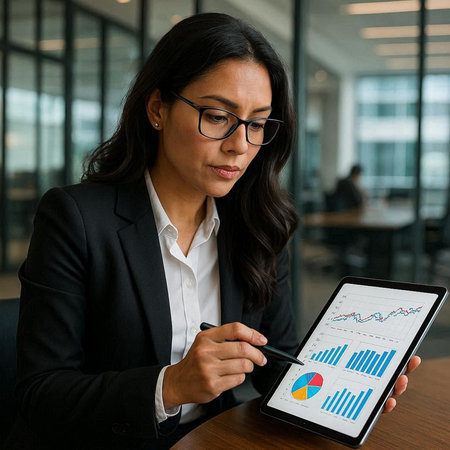 Businesswoman analyzing investment charts on digital tablet. Business and finance concept.