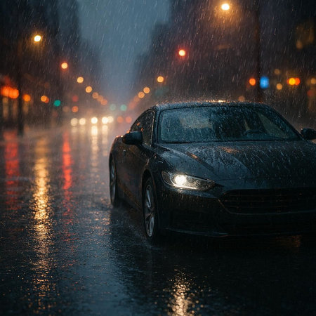 Car on a wet road during a heavy rain. Shallow depth of field.
