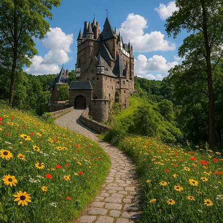Castle in the middle of a meadow with wildflowers