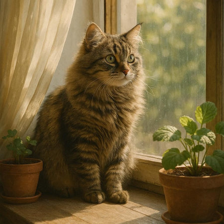 Siberian cat sitting on the windowsill and looking out the windowの写真素材