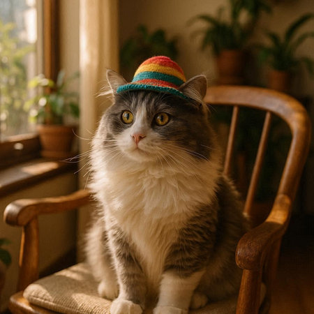 Funny cat wearing a colorful hat and sitting on a chair.