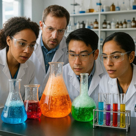 Group of scientists working in laboratory. Multiethnic group of scientists carrying out scientific...