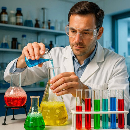 Scientist working in laboratory. Young male scientist in lab coat and eyeglasses looking at test...