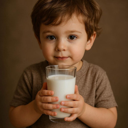 Cute little boy with a glass of milk on a brown background
