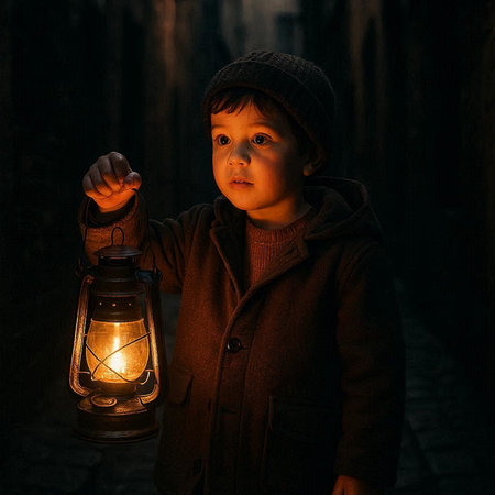 Little boy with a lantern in his hands in the dark street.