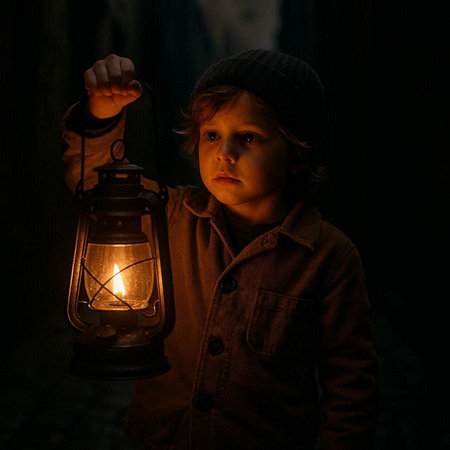 Little boy with a lantern on a dark background. Child with a lamp.