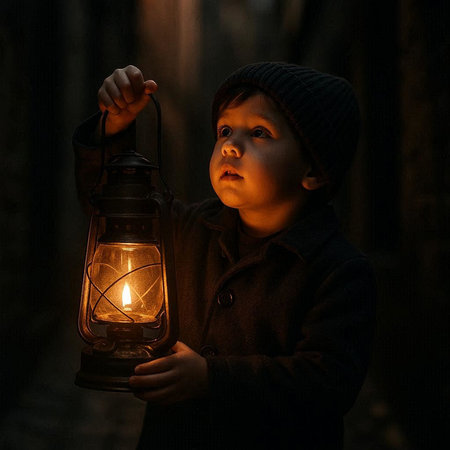 Little boy with a lantern in the forest at night. Child holding a lantern.