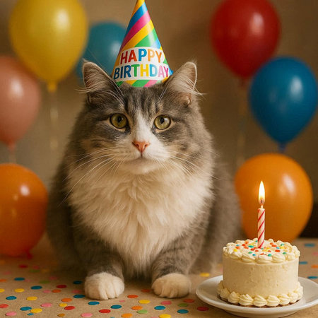 Cute cat with birthday cake and colorful balloons in the background.