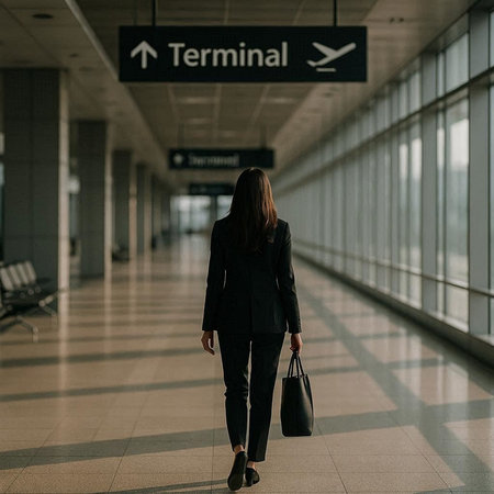 Young businesswoman walking at the airport with a bag in her hand