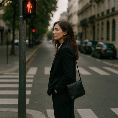 business woman in black suit on the crosswalk in the city.
