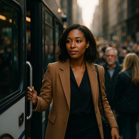 Fashionable woman poses outside Gucci fashion show building for Milan Women's Fashion Week in Milan.