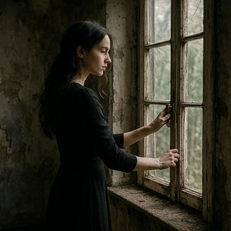Young woman in black dress standing near the window in an abandoned building