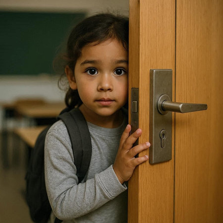 Cute little girl standing in front of a door and looking at camera
