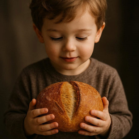 Cute little boy holding a loaf of bread in his hands.
