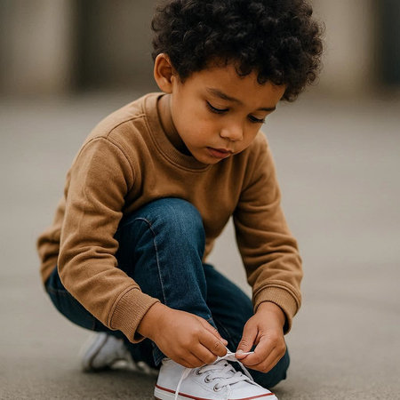 Little african american boy tying shoelace on sneakers.