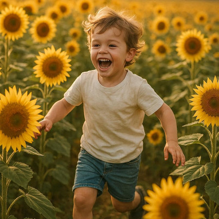 Cute little boy running on the field of sunflowers.