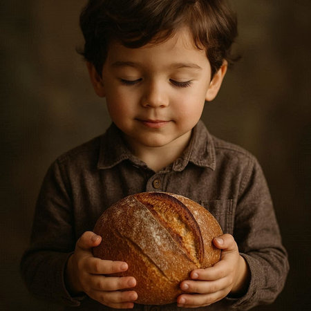 Little boy holding a loaf of bread in his hands. Dark background.